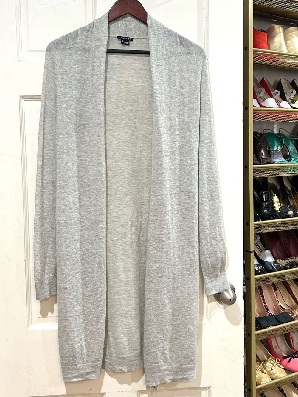 Theory Gray Alpaca Merino Wool Open Front Long Cardigan Sweater Luxury Size S